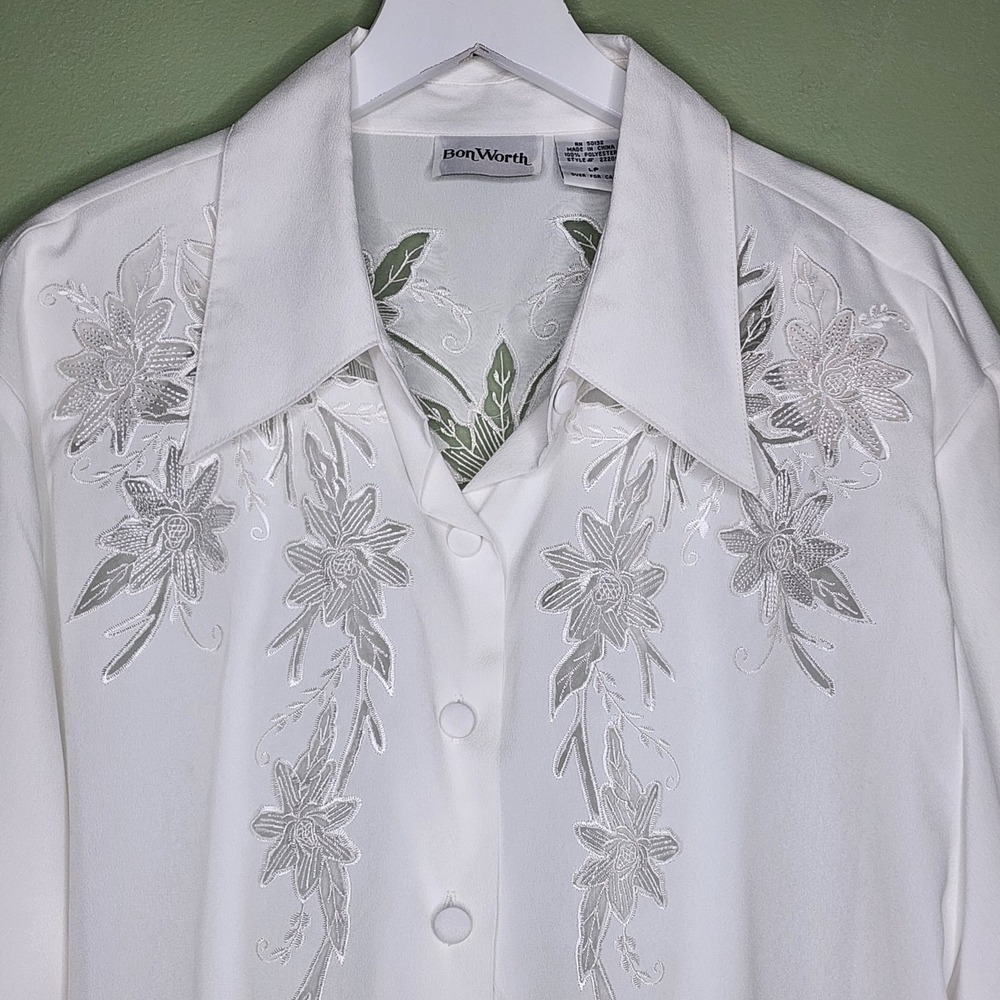 Vintage White Blouse LP Laser Cut Floral Old Money Preppy Office Secretary L/S - Picture 2 of 10